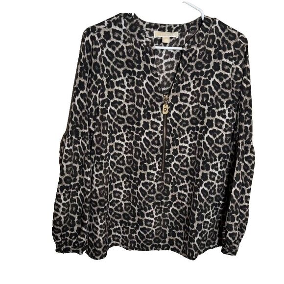 Michael Kors Blouse Women's XS Cheetah V-Neck Long Sleeve Zipper Career Shirt - Picture 1 of 8
